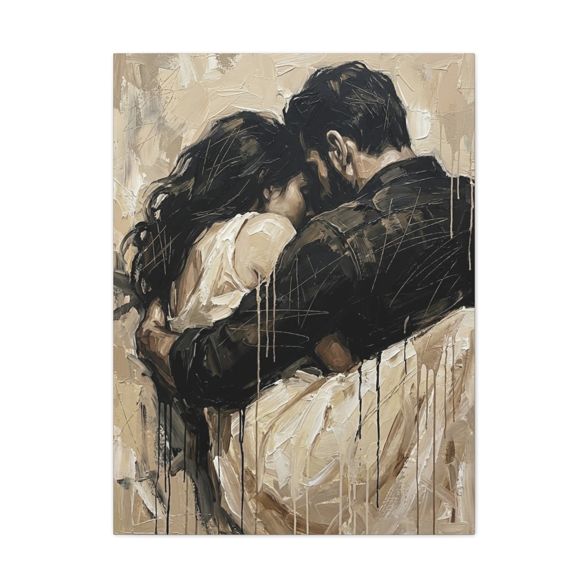 Safety Being Held - Expressionist Loving Couple Canvas Art — Emotional Intimacy