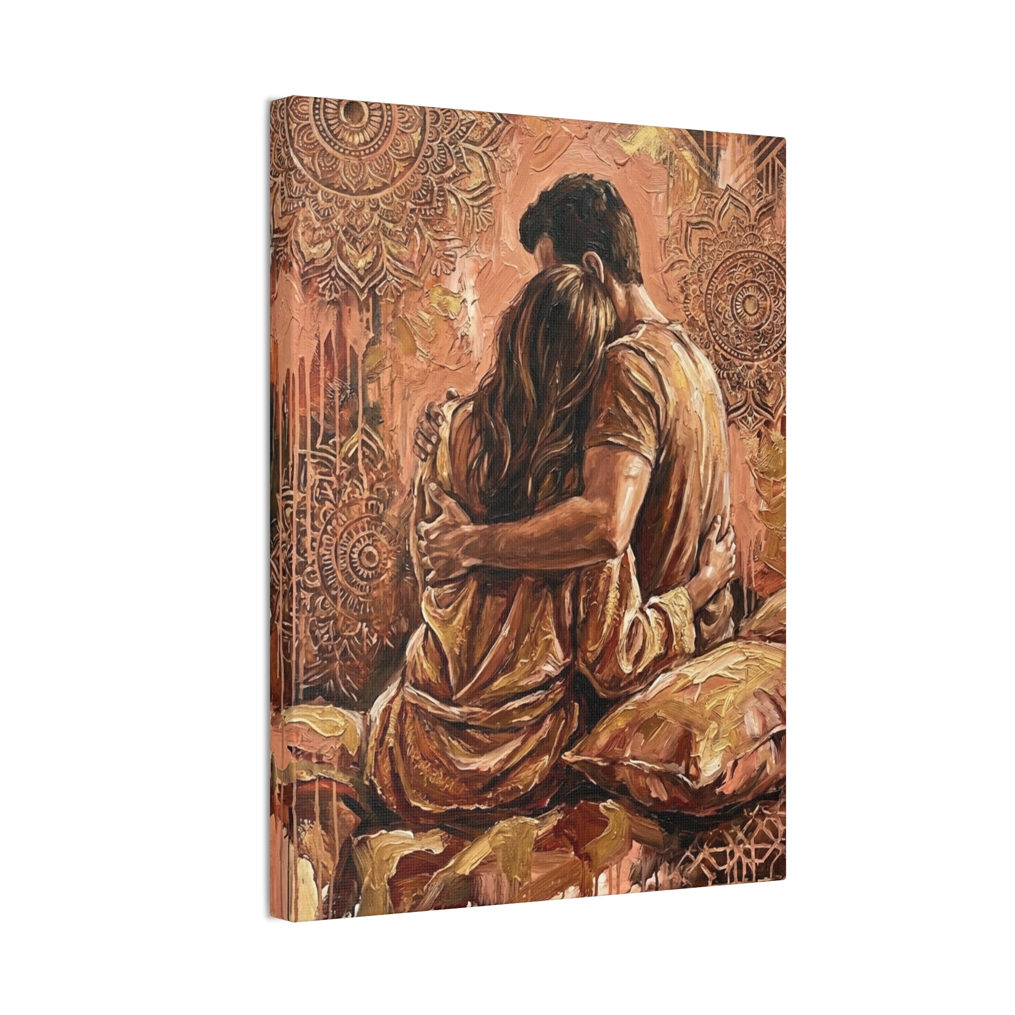 Rose Gold Mandala Lovers Canvas Wall Art — Intimate Couple Embrace (Stretched)