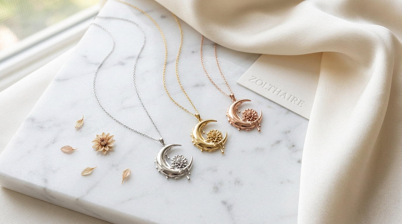 Dahlia Crescent Pendant Necklace – Moon Flower Pendant in Silver or Solid Gold