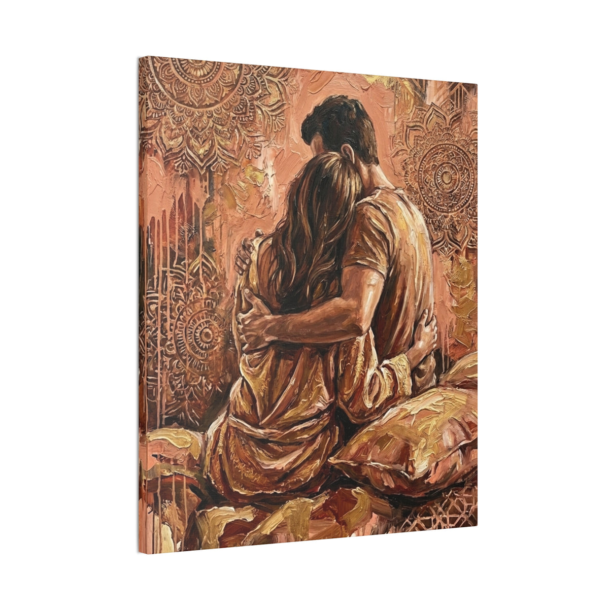 Rose Gold Mandala Lovers Canvas Wall Art — Intimate Couple Embrace (Stretched)
