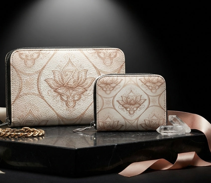 Two patterned handbags and a perfume bottle on a dark surface with a spotlight effect.