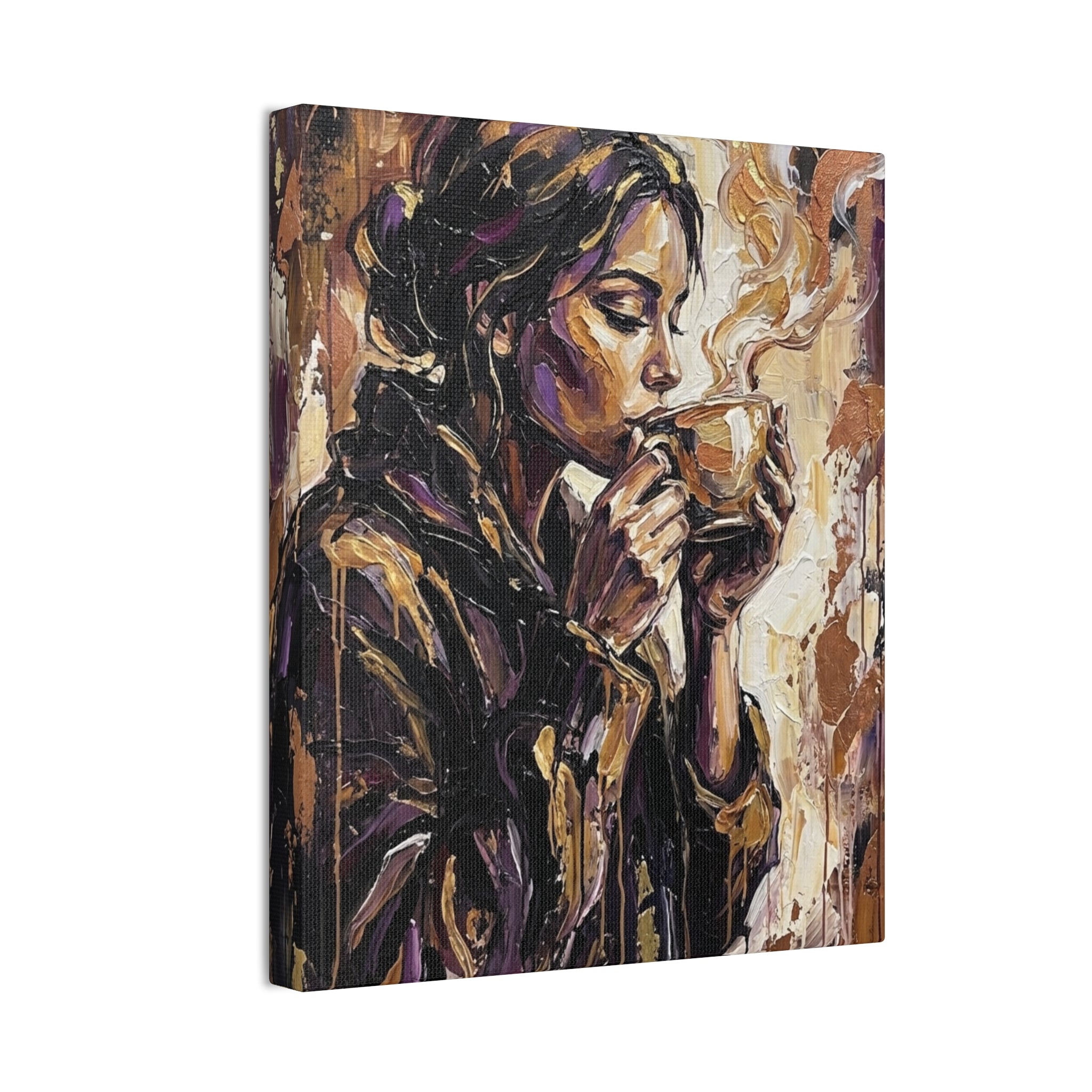 Woman Drinking Coffee Expressionist Canvas Wall Art — Kitchen Decor