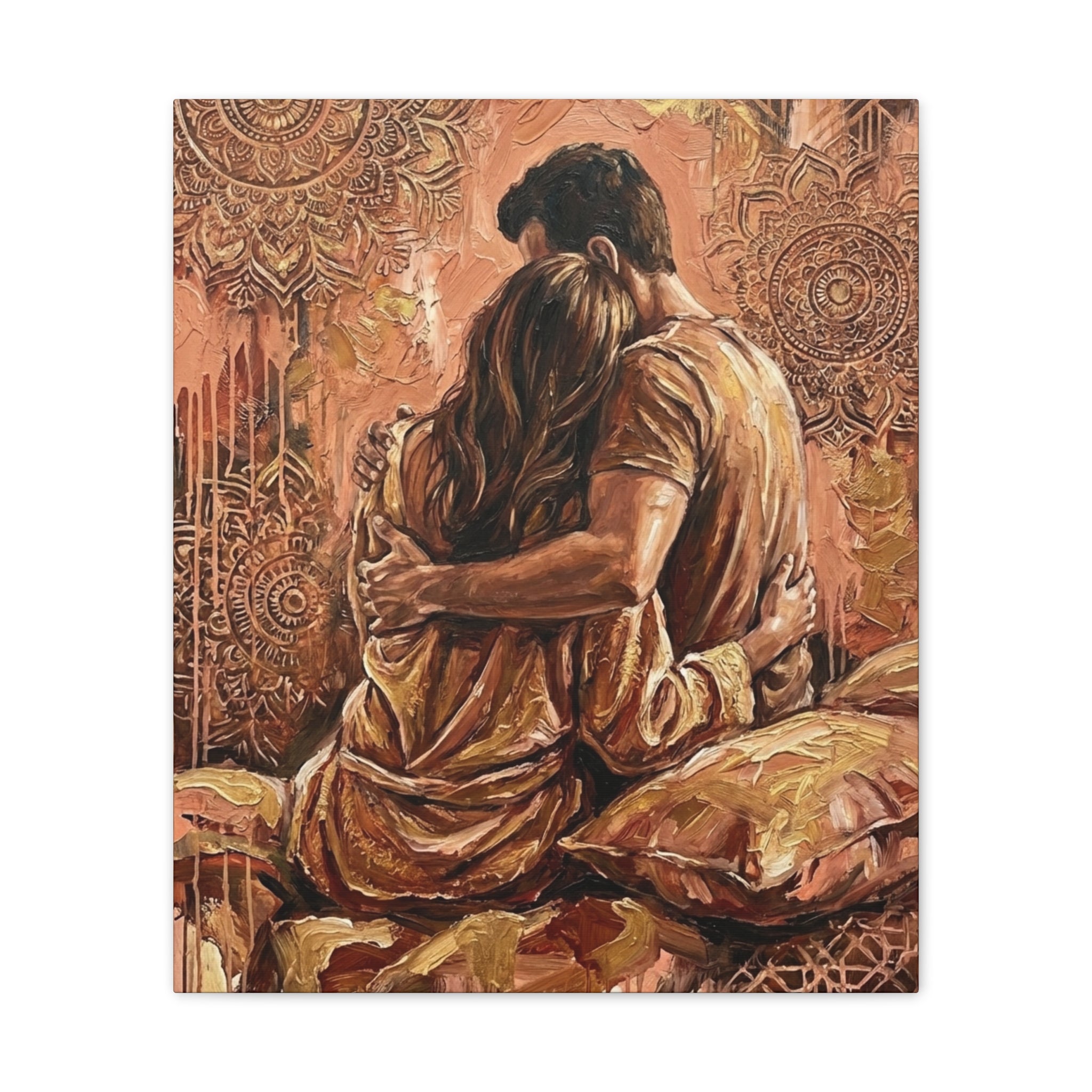 Rose Gold Mandala Lovers Canvas Wall Art — Intimate Couple Embrace (Stretched)