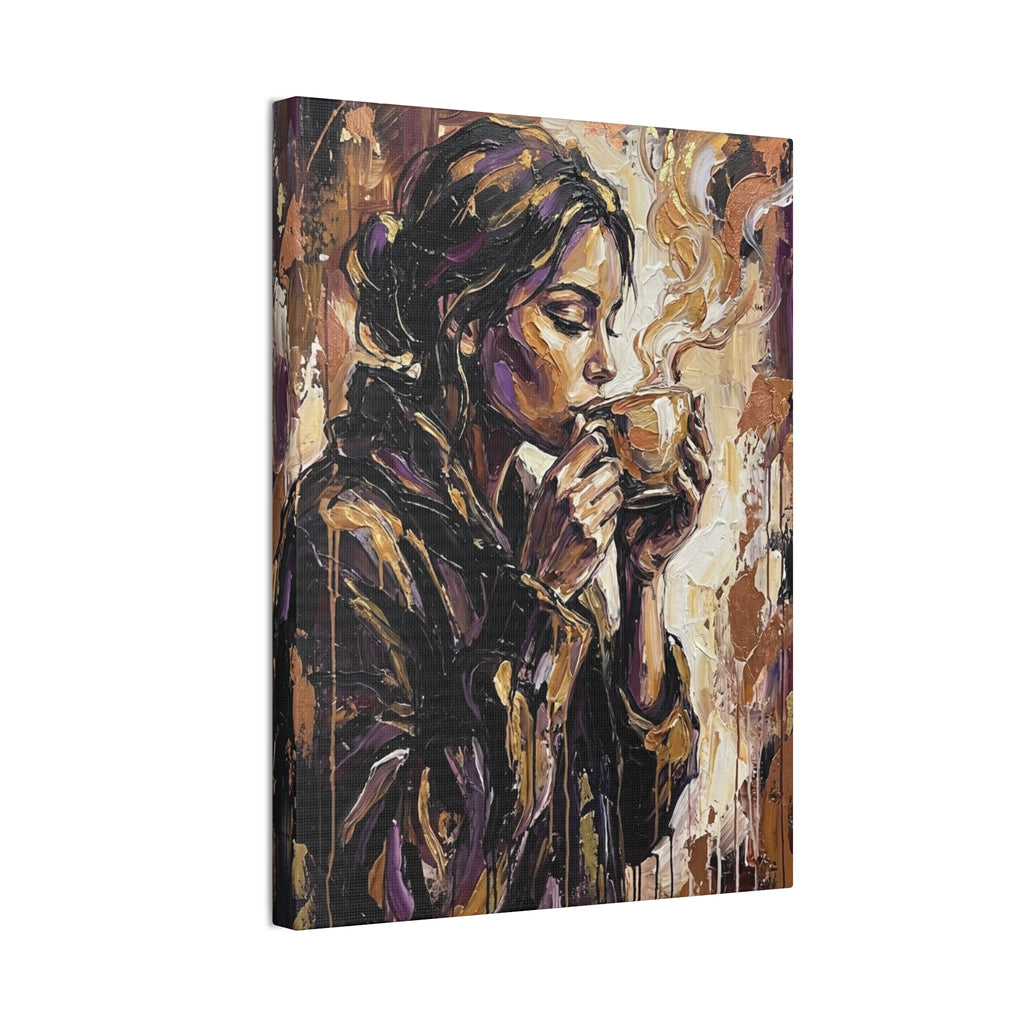 Woman Drinking Coffee Expressionist Canvas Wall Art — Kitchen Decor