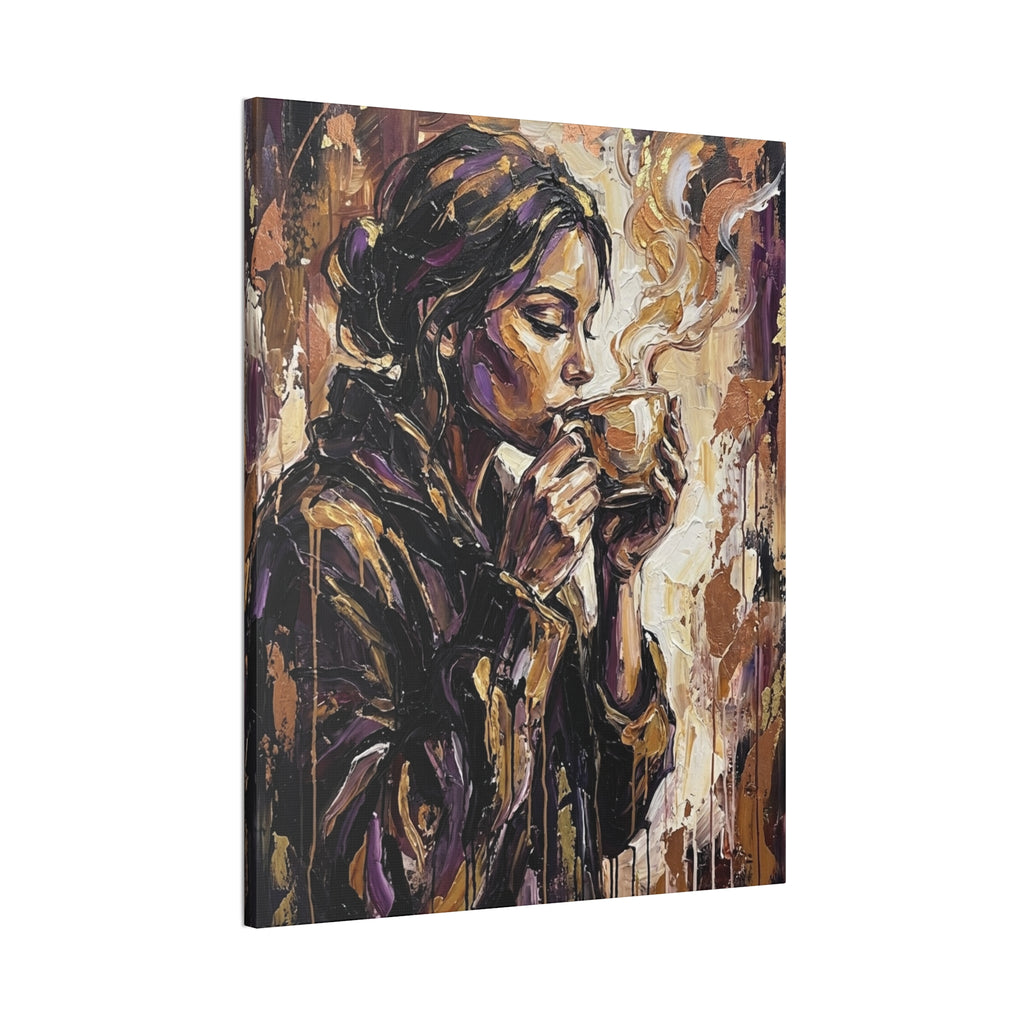 Woman Drinking Coffee Expressionist Canvas Wall Art — Kitchen Decor