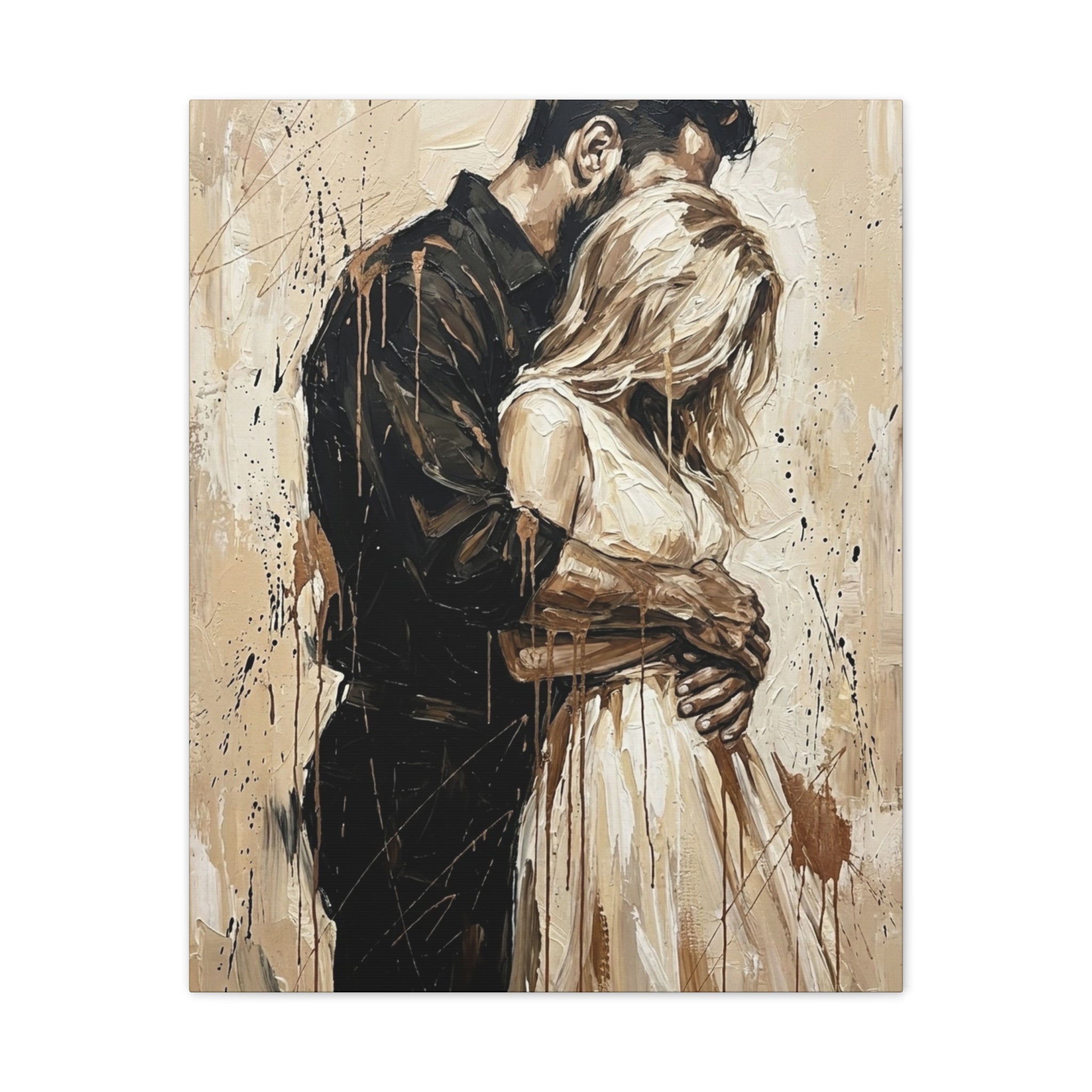 Expressionist 'Tender Moments' Stretched Canvas — Loving Couple Embracing Wall Art
