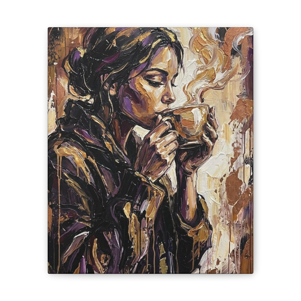 Woman Drinking Coffee Expressionist Canvas Wall Art — Kitchen Decor