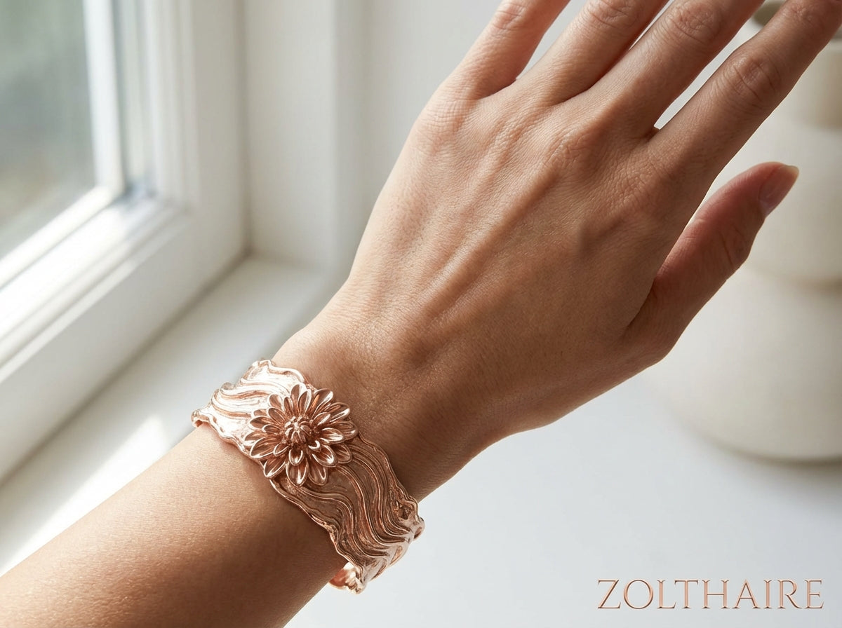 Zolthaire Dahlia Floral Wave Cuff | 14k & 18k Solid Gold Statement Cuff Bracelet