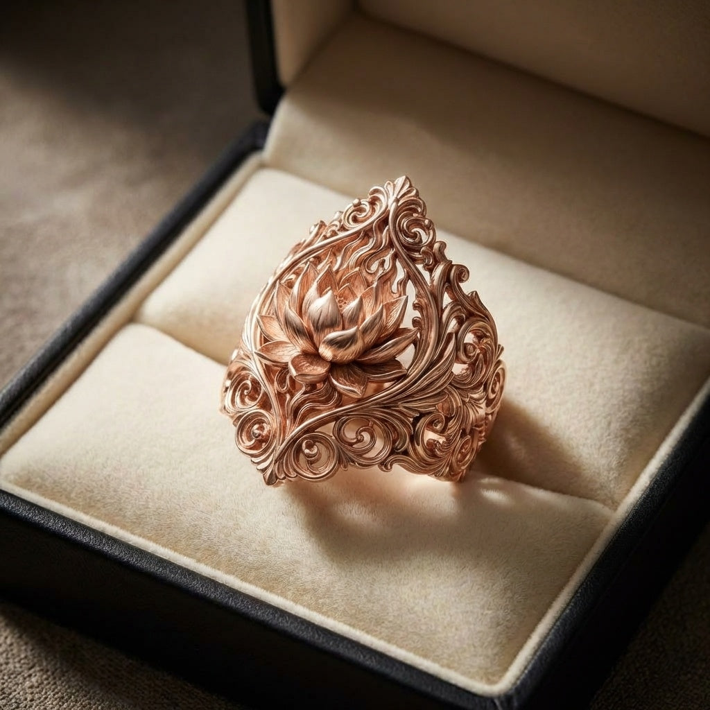 Rose gold ring with intricate design on a beige cushion in a jewelry box