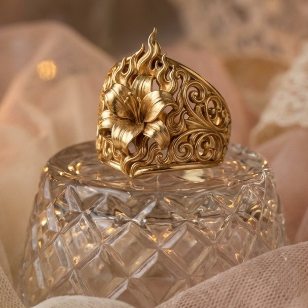 Decorative crystal jar with a gold zolthaire floral ring on a soft beige background