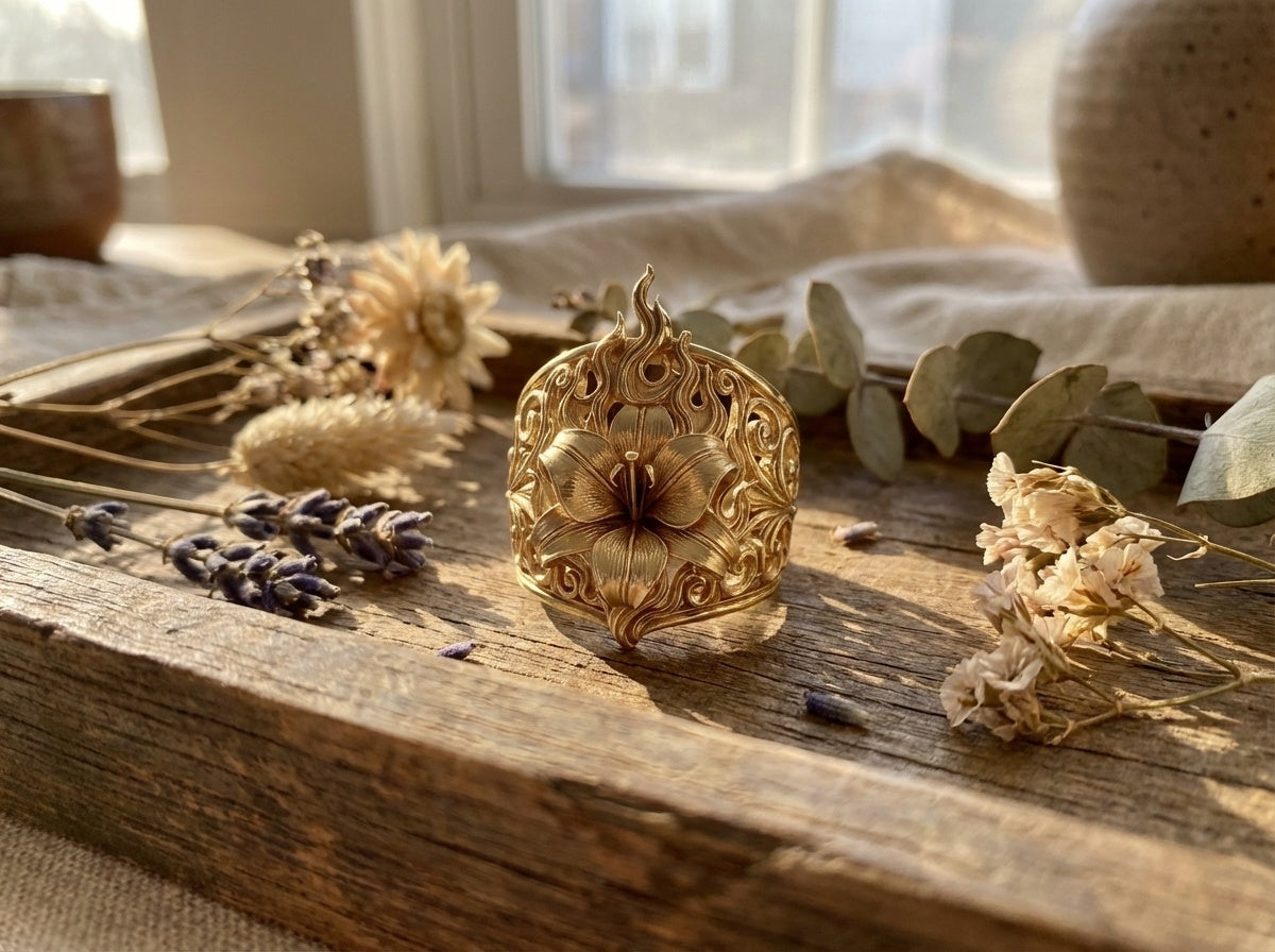 Gold lily ring on a wooden surface with dried flowers and lavender