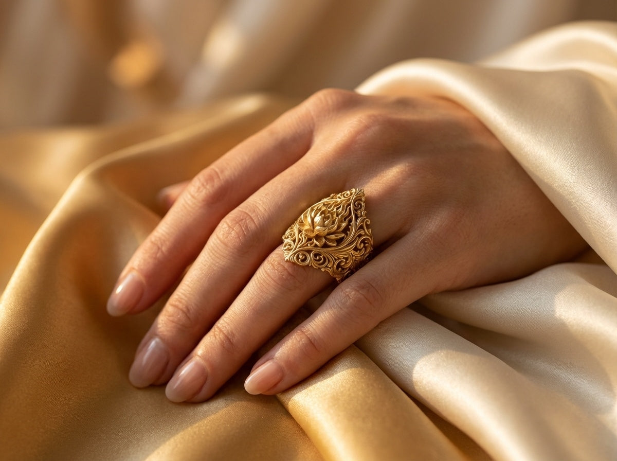 Hand wearing a gold lily ring on beige fabric