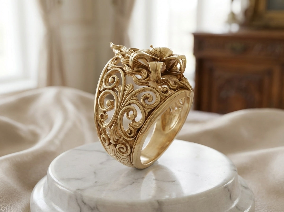 Gold lily ring with intricate designs on a marble stand with a soft, blurred background