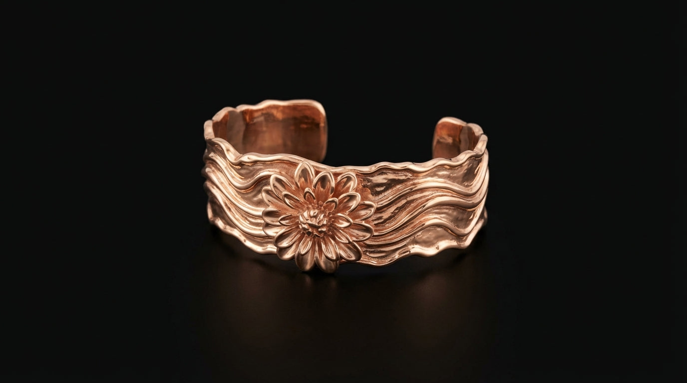 Zolthaire Dahlia Floral Wave Cuff | 14k & 18k Solid Gold Statement Cuff Bracelet