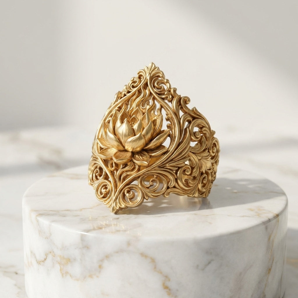 Gold ornate ring on a marble pedestal with a light gray background
