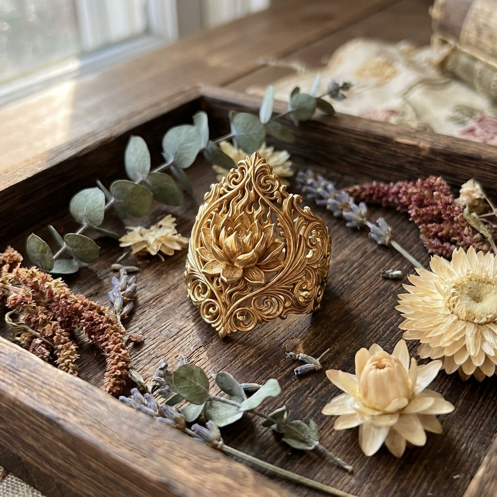 Decorative gold RING on a wooden surface with dried flowers