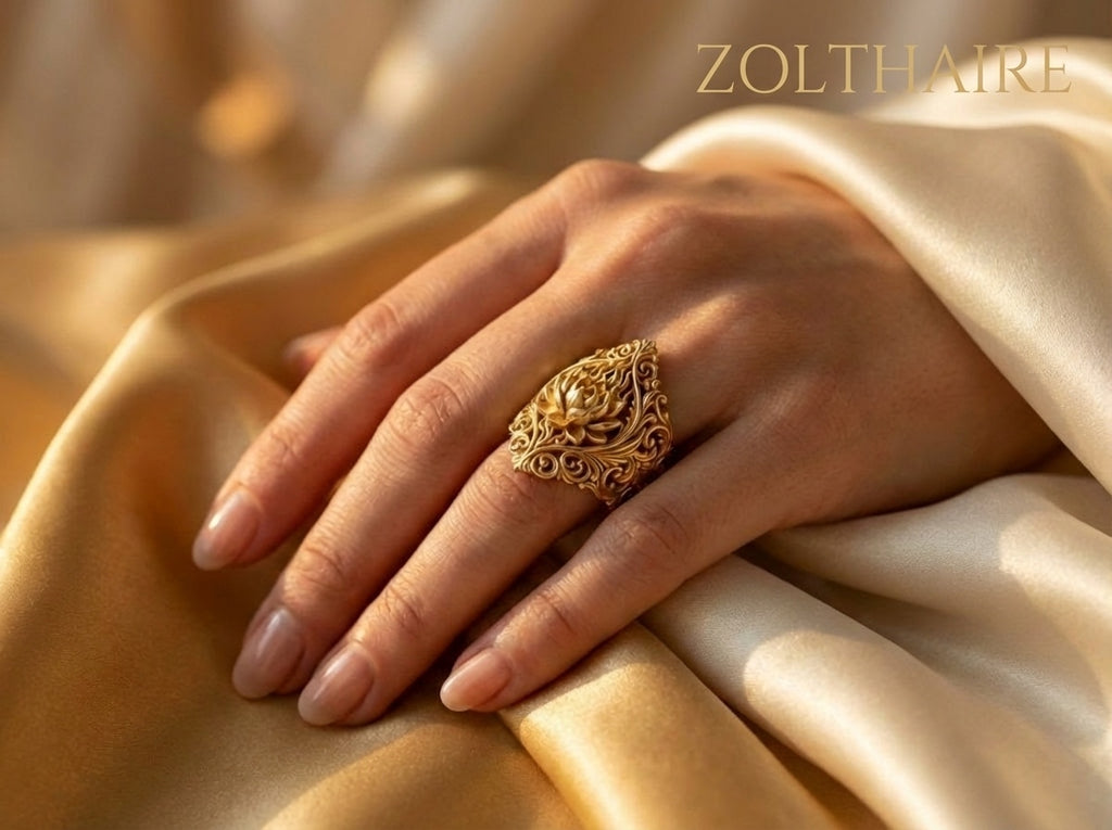Hand wearing a gold ring on beige fabric