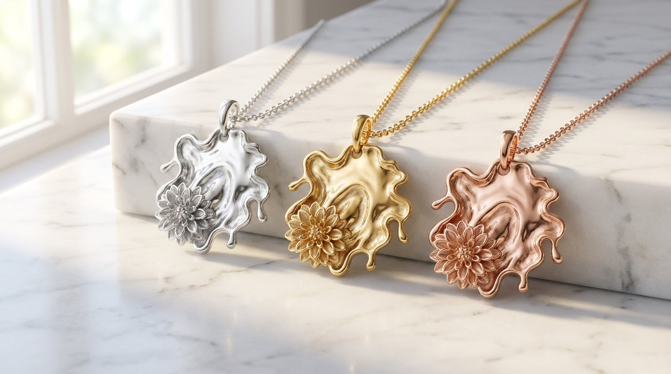 Dahlia Tides Pendant Necklace – Sculptural Gold Flower Pendant in Silver or Solid Gold