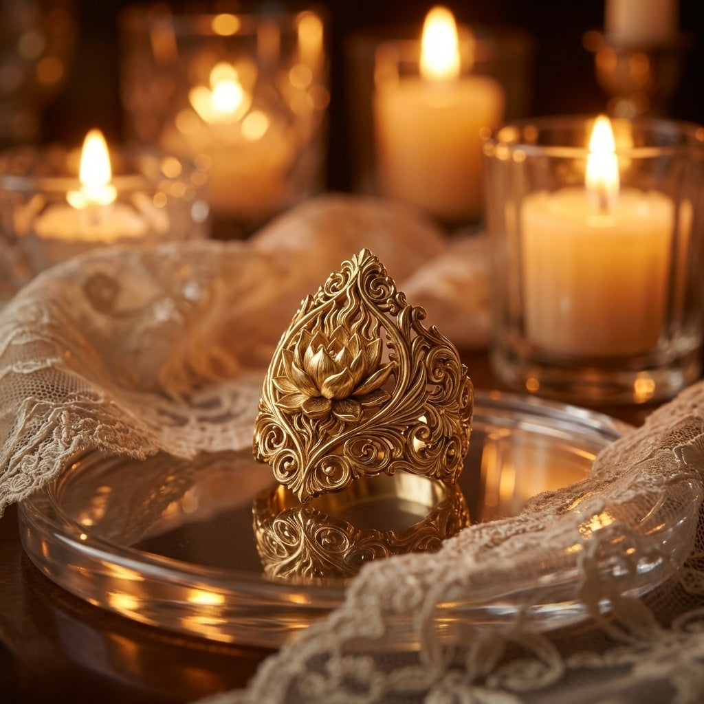 Decorative gold object on a reflective surface with candles in the background