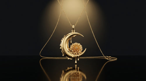 Dahlia Crescent Pendant Necklace – Moon Flower Pendant in Silver or Solid Gold
