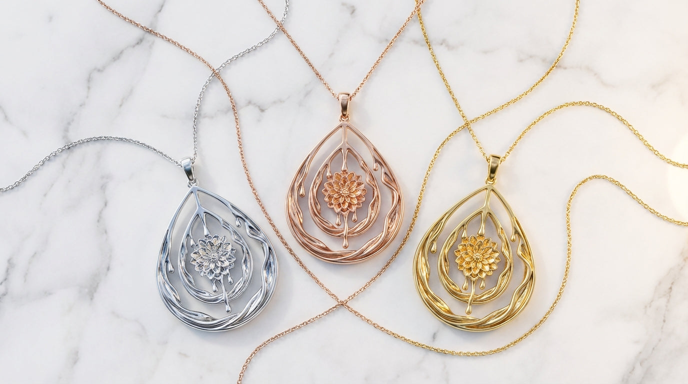 Gold Teardrop Flower Pendant Necklace – Dahlia Pendant in Silver or Solid Gold