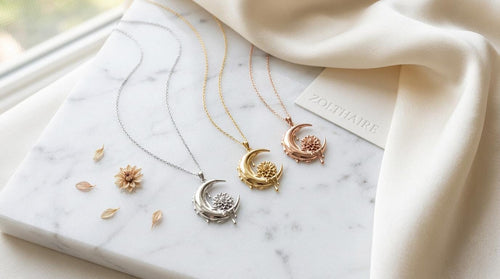 Crescent Moon Necklace Flower Pendant, Dahlia Necklace, Moon Jewelry Gift for Her, Symbolic Necklace, Rose Gold Gold Silver Pendant