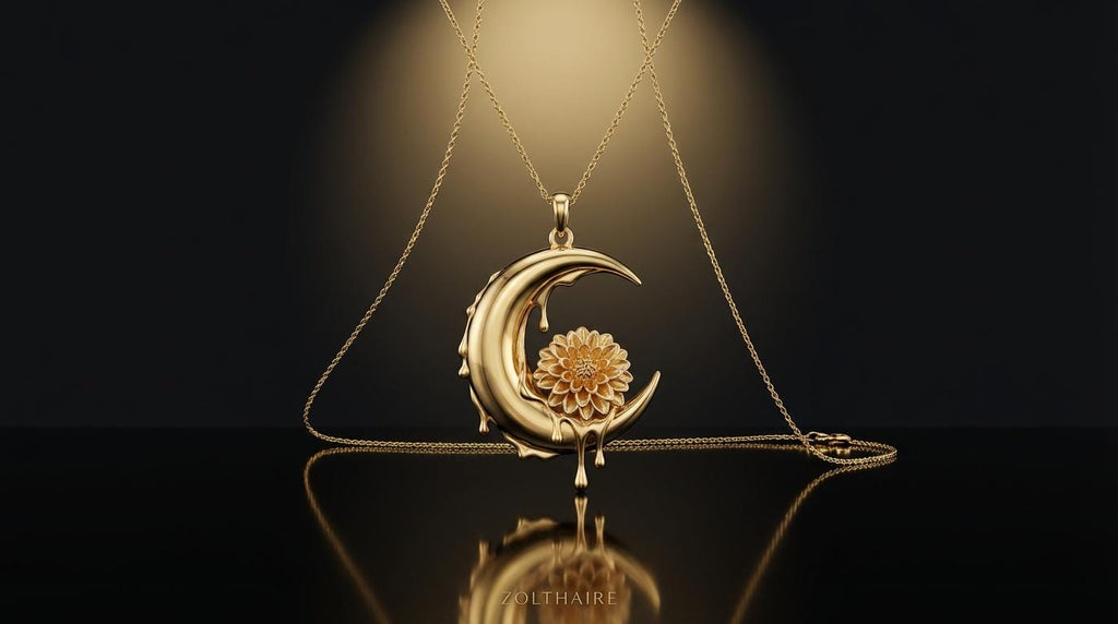 Crescent Moon Necklace Flower Pendant, Dahlia Necklace, Moon Jewelry Gift for Her, Symbolic Necklace, Rose Gold Gold Silver Pendant
