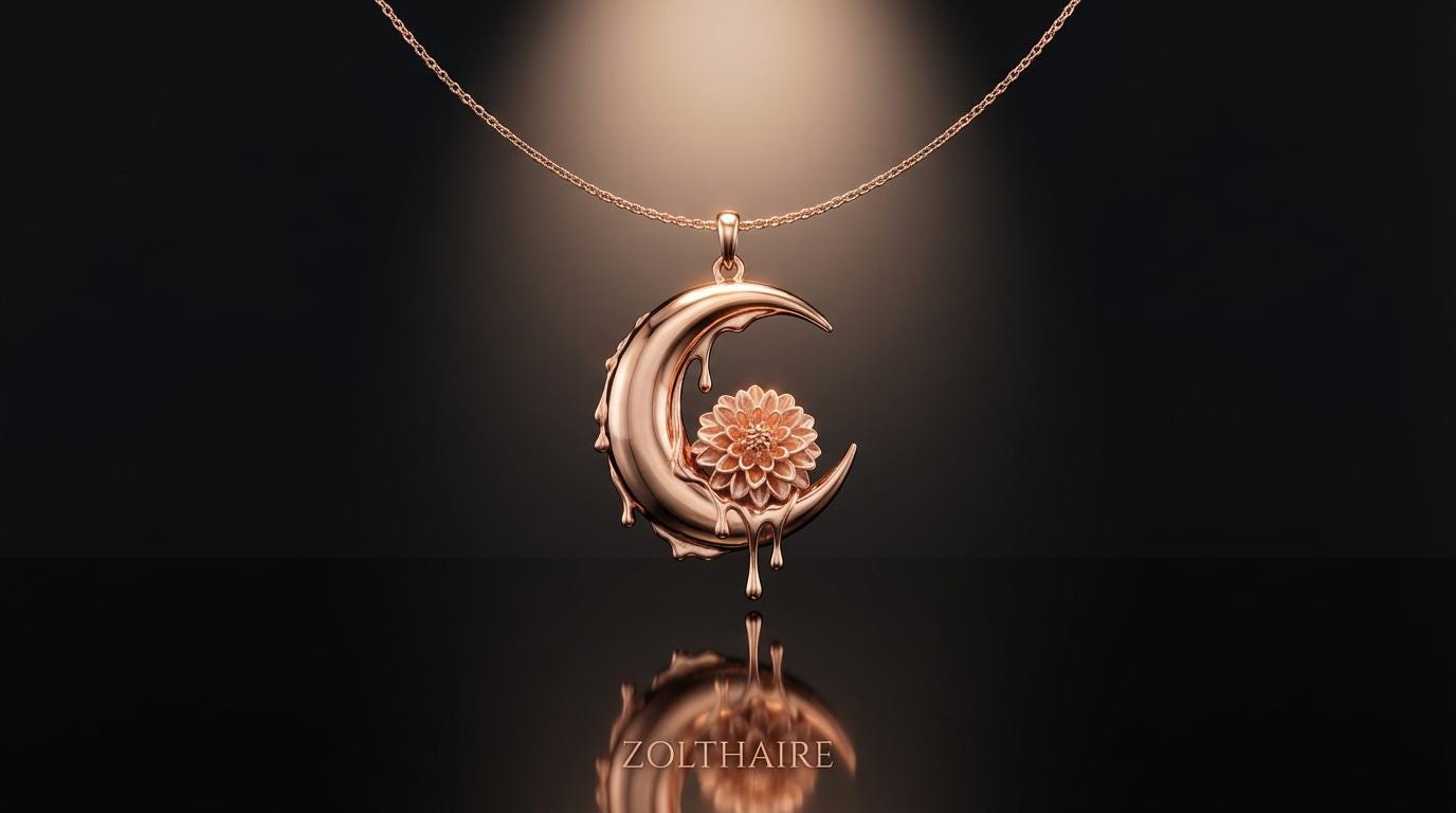 Crescent Moon Necklace Flower Pendant, Dahlia Necklace, Moon Jewelry Gift for Her, Symbolic Necklace, Rose Gold Gold Silver Pendant