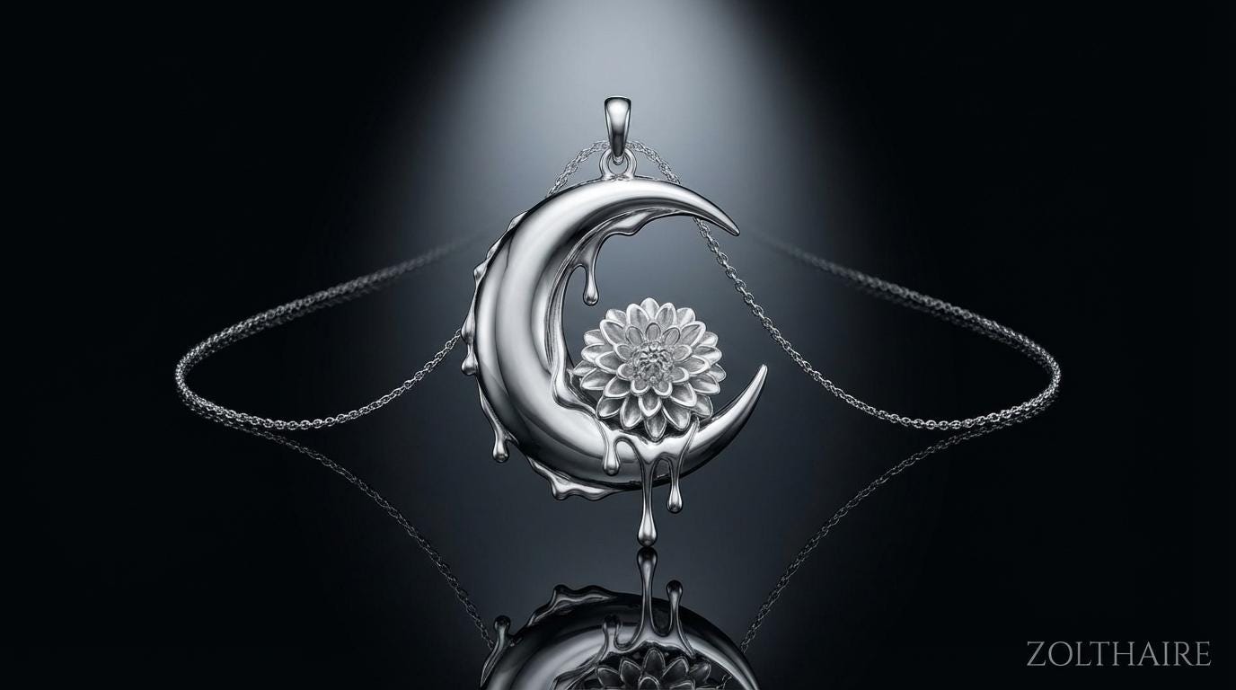 Crescent Moon Necklace Flower Pendant, Dahlia Necklace, Moon Jewelry Gift for Her, Symbolic Necklace, Rose Gold Gold Silver Pendant