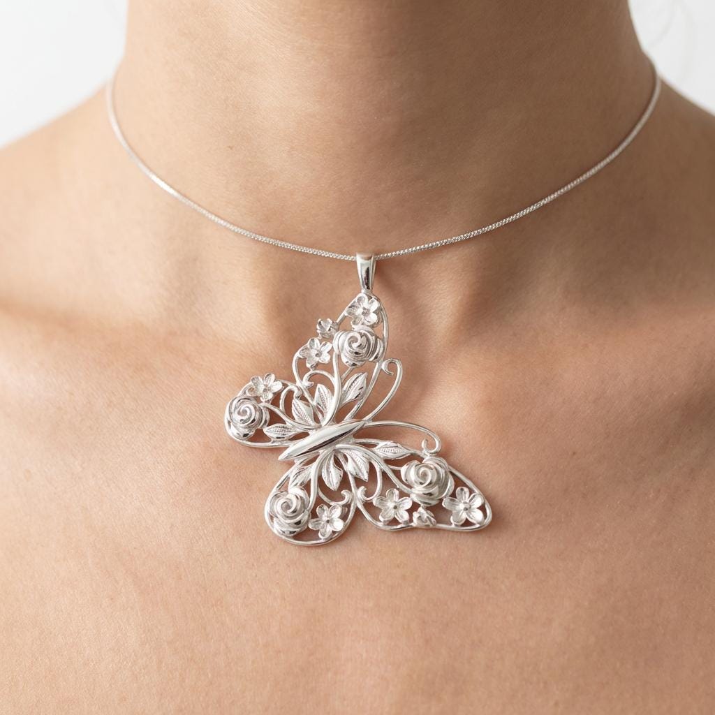 Floral Butterfly Pendant Necklace Butterfly Necklace • Flower Pendant • Meaningful Gift