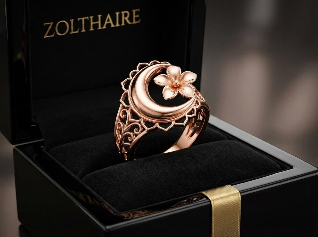Crescent Moon Ring Flower Ring, Moon Ring Gift for Her, Rose Gold Gold Silver Ring, Symbolic Ring, Brass or Sterling Silver