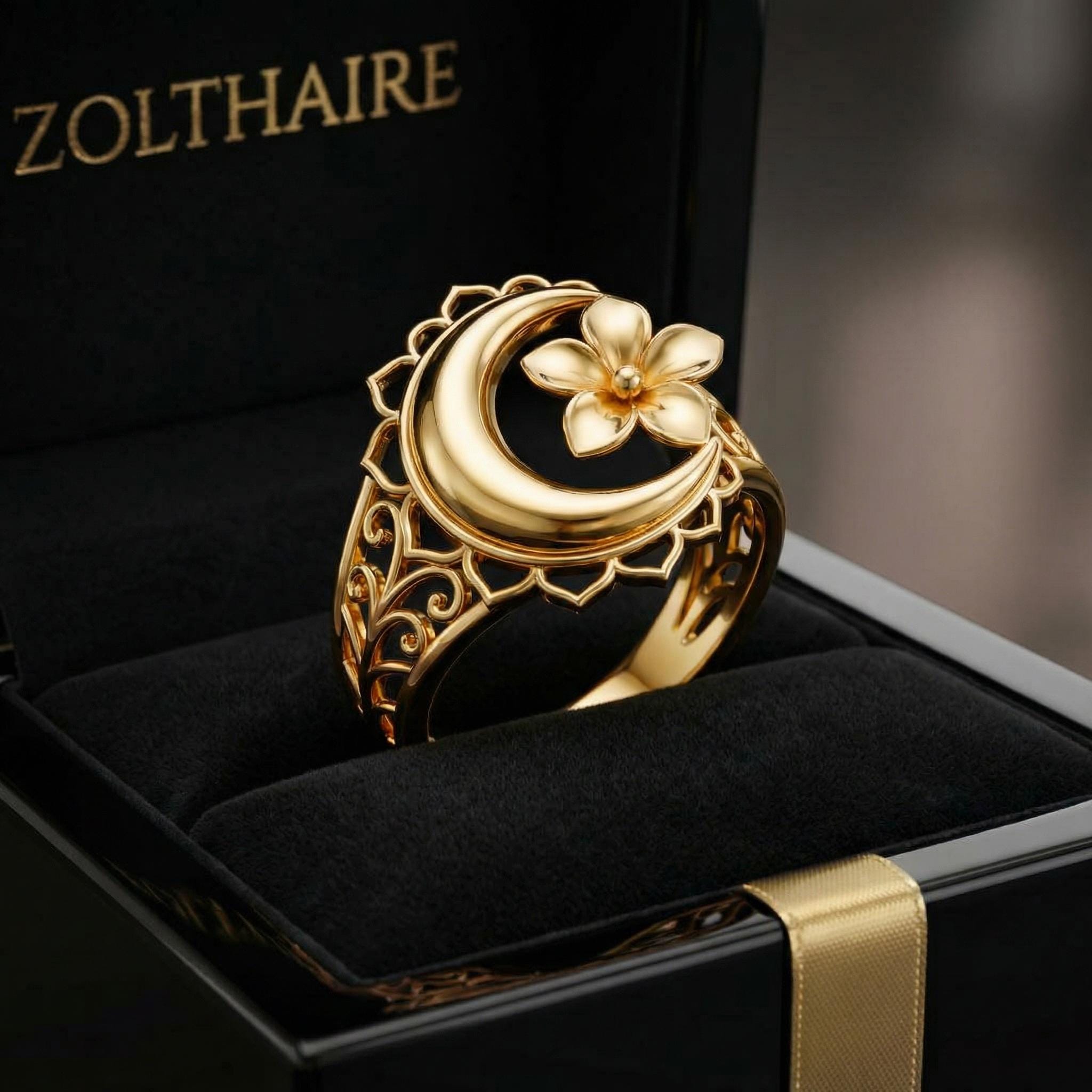 Crescent Moon Ring Flower Ring, Moon Ring Gift for Her, Rose Gold Gold Silver Ring, Symbolic Ring, Brass or Sterling Silver