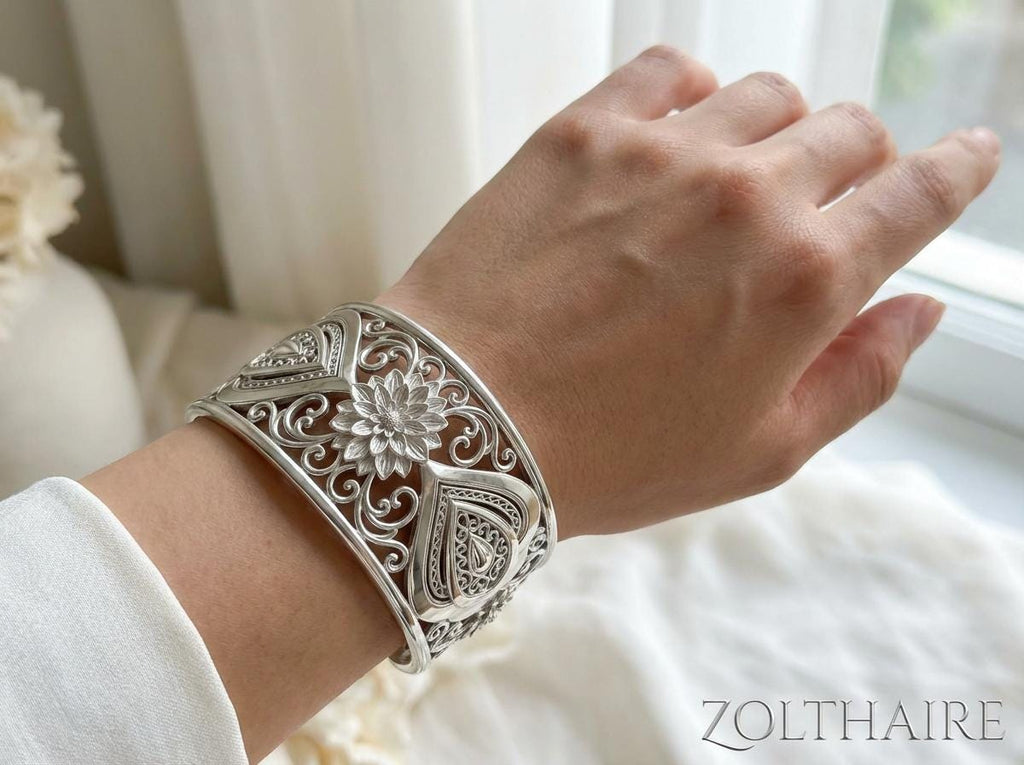 Flower Cuff Bracelet Dahlia Bracelet, Filigree Bracelet Gift for Her, Rose Gold Gold Silver Bracelet, Brass or Sterling Silver