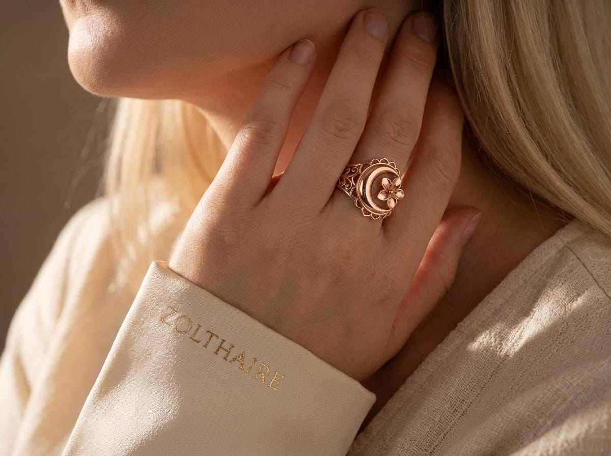 Crescent Moon Ring Flower Ring, Moon Ring Gift for Her, Rose Gold Gold Silver Ring, Symbolic Ring, Brass or Sterling Silver