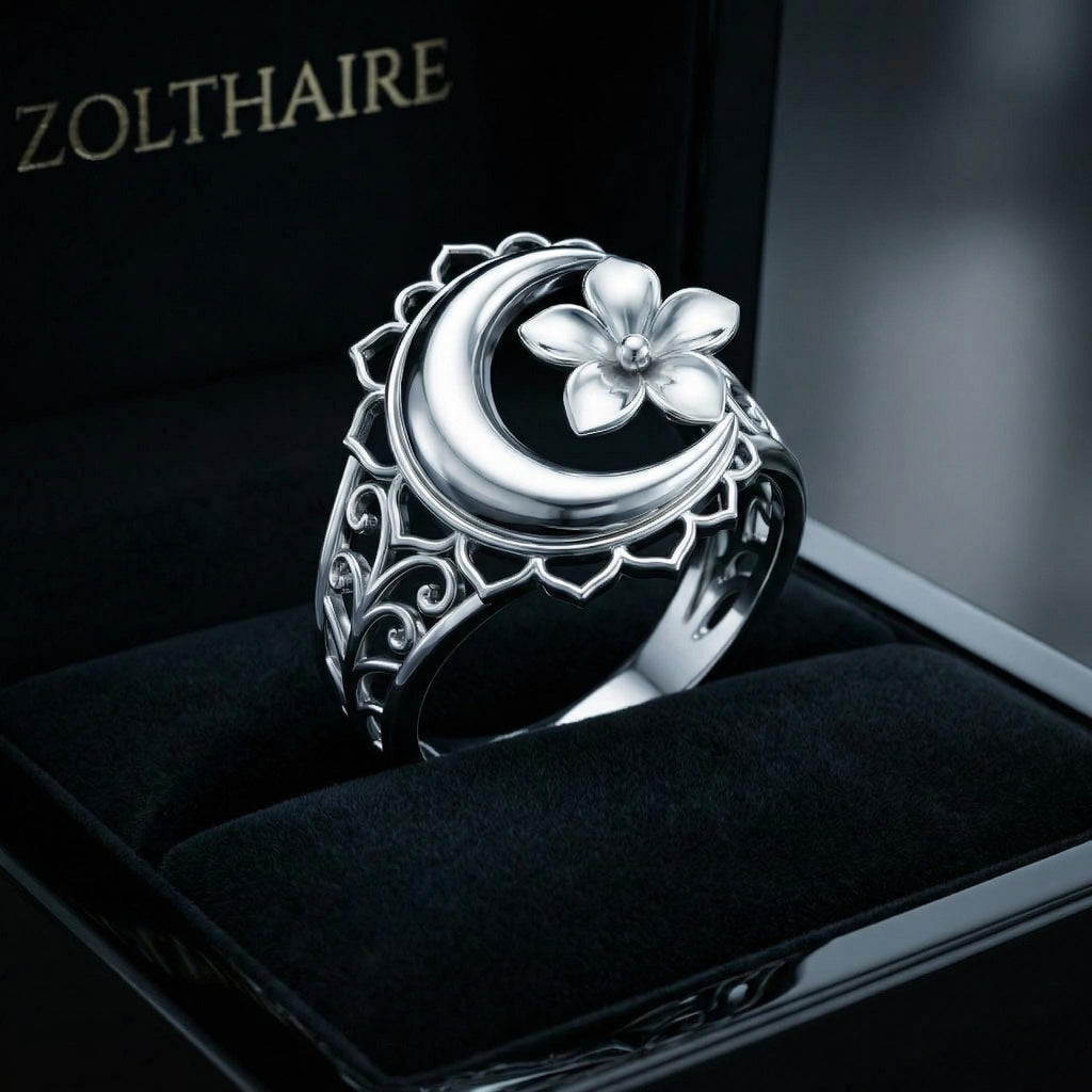 Crescent Moon Ring Flower Ring, Moon Ring Gift for Her, Rose Gold Gold Silver Ring, Symbolic Ring, Brass or Sterling Silver