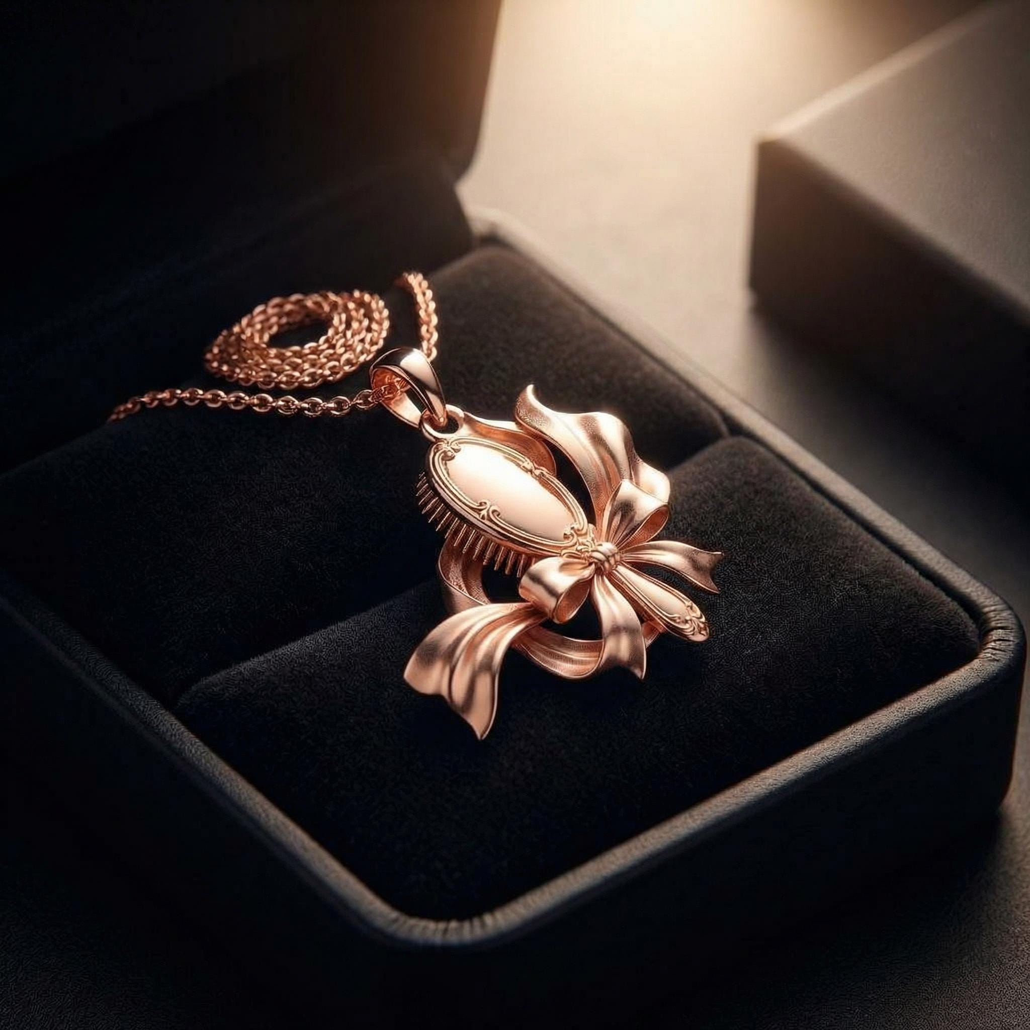 Wooden Hairbrush Pendant Necklace Bow Necklace, Vintage Vanity Necklace Gift for Her, Rose Gold Gold Silver Necklace, Brass or Sterling