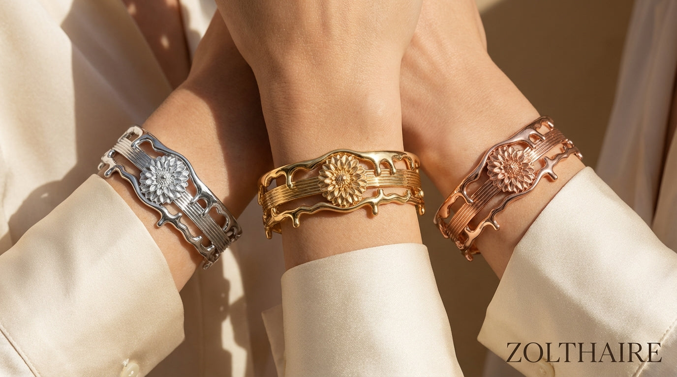 Striped Dahlia Cuff Bracelet – Symbolic Strength Cuff in Silver or Solid Gold