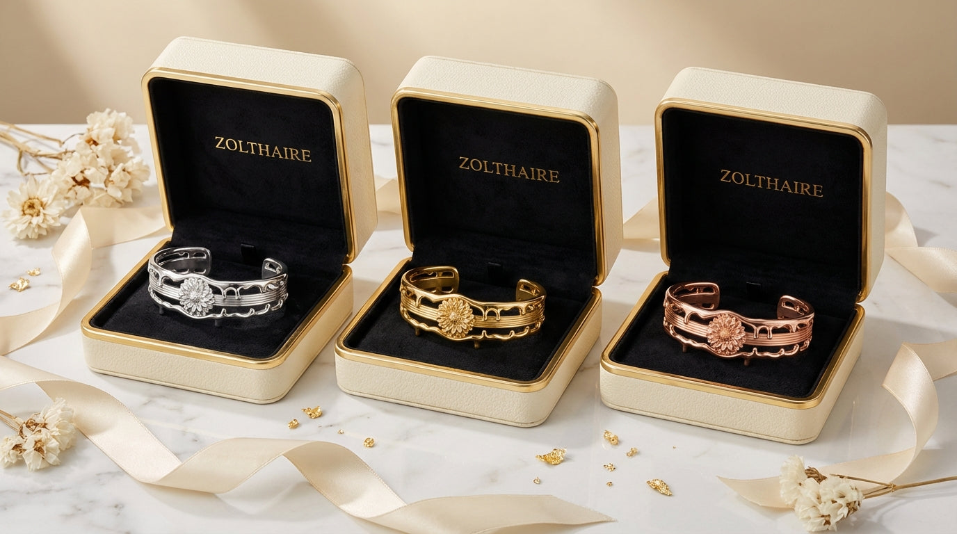 Striped Dahlia Cuff Bracelet – Symbolic Strength Cuff in Silver or Solid Gold