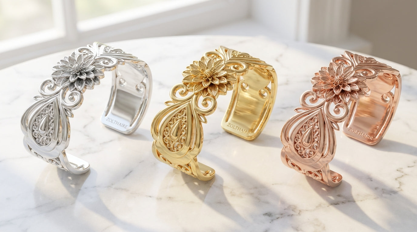 Dahlia Crest Cuff Bracelet – Luxury Floral Statement Cuff in Silver or Solid Gold