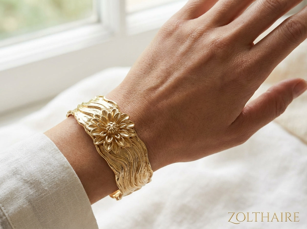 Zolthaire Dahlia Floral Wave Cuff | 14k & 18k Solid Gold Statement Cuff Bracelet