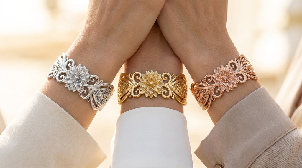 Dahlia Crest Cuff Bracelet – Luxury Floral Statement Cuff in Silver or Solid Gold