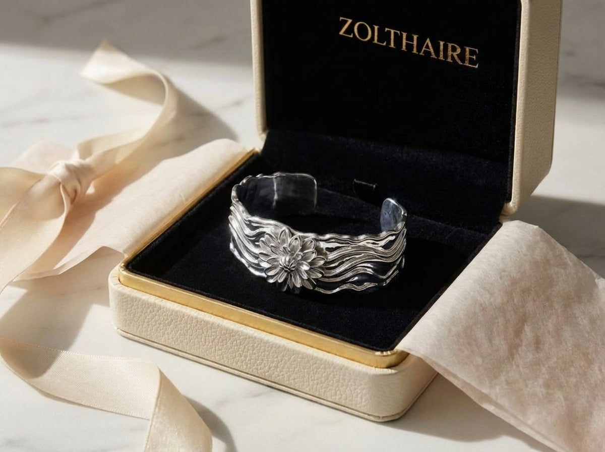 Zolthaire Dahlia Floral Wave Cuff | 14k & 18k Solid Gold Statement Cuff Bracelet